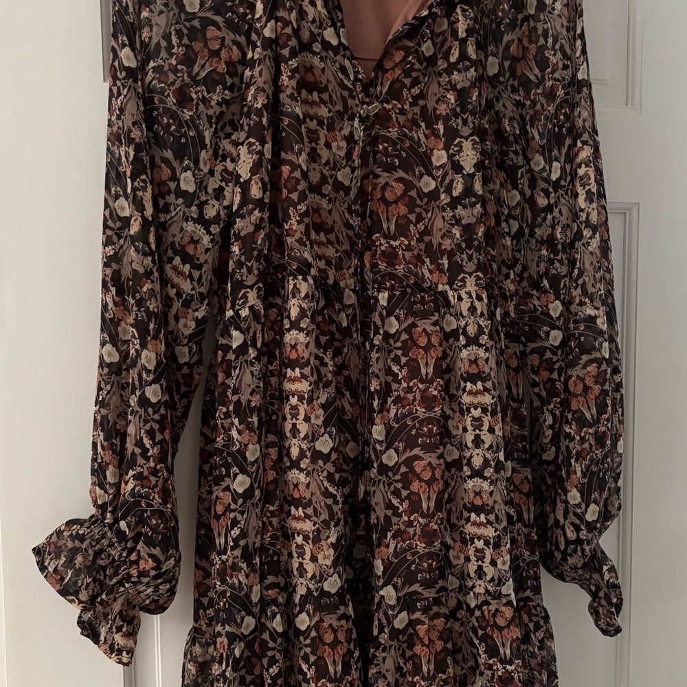 Vici Brown Tan Ruffled Notched Collar Blouse